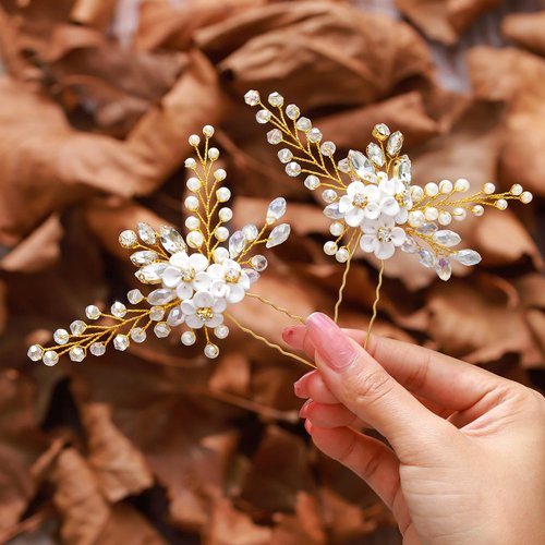 Generic Bridal Wedding Hair Pins for Women Rhinestone Preal Flower Gold Hairpiece Elegant Handmade Gift for Women Girls(2 pcs)