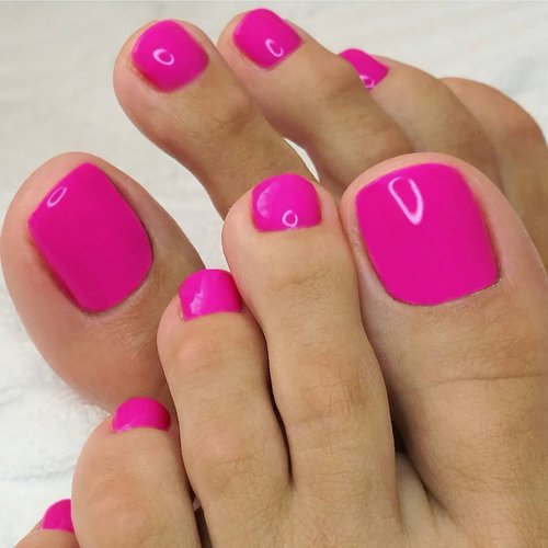 Artquee Hot Pink Fake Toenails Glossy Press on Toe Nails Short Square Shaped Toenail Cute Artificial Toes Nail Art False Tips for Women in 14 Sizes - 28Pcs Kit