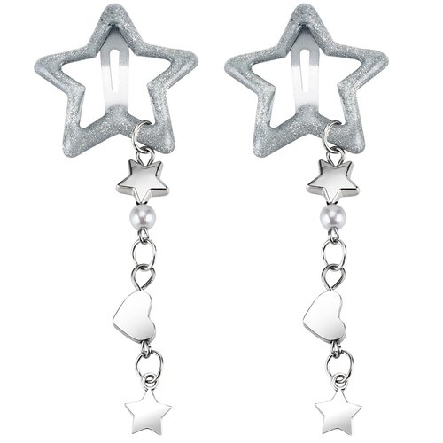 TUCEWP Star Hair Clips 2Pcs Silver Metal Snap Hair Barrettes Y2K Dangle Star Hair Pins for Thick Hair Cute Non Slip Heart Pearl Bead Charm Star Hairpins Y2K 2000s Hair Accessories for Girls Women