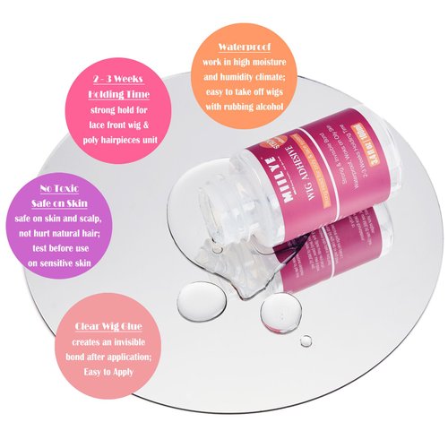 MIILYE Clear Wig Glue Pack, 3.4OZ/100ml Waterproof Lace Glue for Toupee Hair Replacement, Strong Hold Acrylic Adhesive for Front Lace Wig, Pack of Lace Glue with Lace Melting Band, Brush and Wig Caps