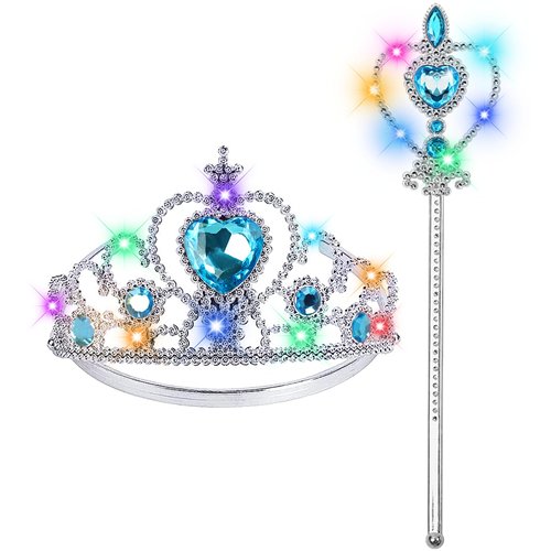 Princess Crown Tiara for Little Girls Princess Dress Up Accessories, Light Up Princess Tiara Wand Toy Gifts for 3-6 Girl (Blue)