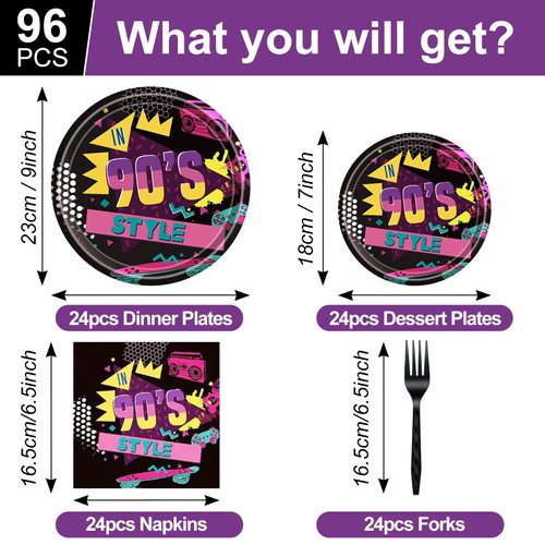 HJINGY 96 PCS Back to the 90s Party Decorations Supplies, Birthday Party Tableware Set 90s Party Dessert Plates Napkins Forks for 24 Guests 80s 90s Party Favors