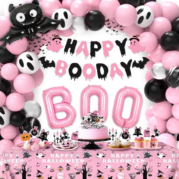 Halloween Birthday Party Decorations, Pink Black Halloween Booday Party Supplies with Ghost Balloons Happy Booday Banner Cupcake Toppers for Girl Halloween Boo Day Decorations