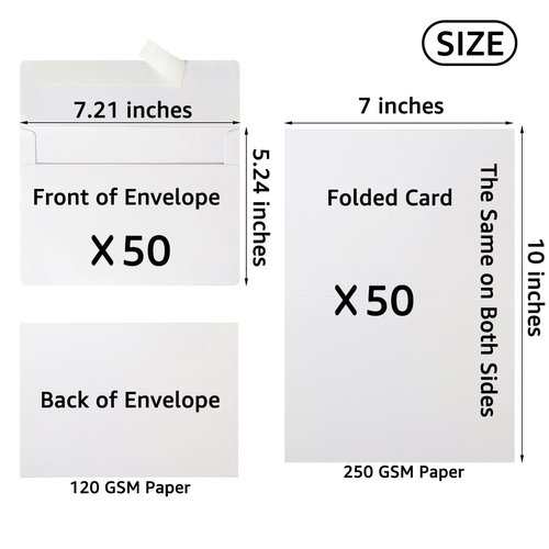 Wishop 50 Pack Self-Adhesive Envelopes with Fold Cards for Wedding Invitations, Greeting Cards, Baby Shower, Letter Mailing (White, 5x7)