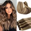 24Inch Long Hand Tied Weft Hair Extensions Real Human Hair Sew in Hair Bundles Ombre Dark Brown Fading to Blonde Hand Tied Sew in Hair Extensions #24 Honey Blonde Highlight Remy Hair Bundles 120G