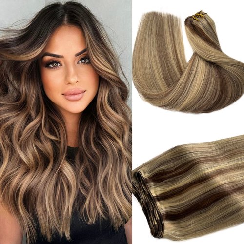 24Inch Long Hand Tied Weft Hair Extensions Real Human Hair Sew in Hair Bundles Ombre Dark Brown Fading to Blonde Hand Tied Sew in Hair Extensions #24 Honey Blonde Highlight Remy Hair Bundles 120G