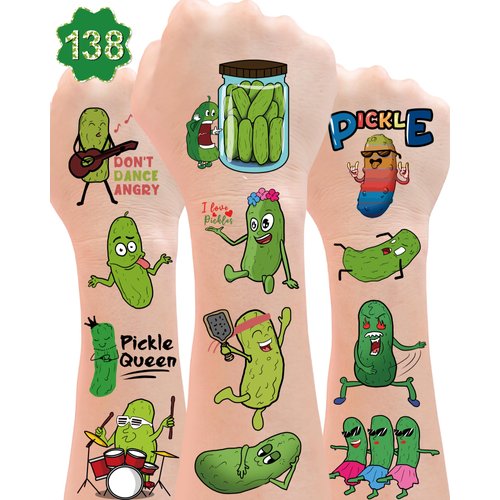 138Pcs Pickle Funny Temporary Tattoos Stickers - Green Pickle Tattoos Party Favors for Pickle Stuff Lovers, Pickle Birthday Party Decorations, 15 Sheets Pickle Themed Gifts