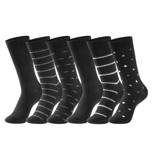 GLENMEARL Mens Dress Socks 6 Pack, Classic Patterned Black Combed Cotton Casual Mid Calf Socks for Men, Size 10-13 (Black)