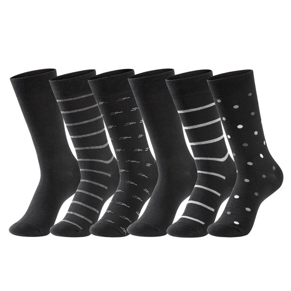 GLENMEARL Mens Dress Socks 6 Pack, Classic Patterned Black Combed Cotton Casual Mid Calf Socks for Men, Size 10-13 (Black)
