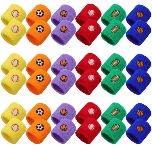 36 Pieces Sports Party Favors Sports Wristbands Kids Sports Themed Birthday Party Supplies Wrist Sweat Bands Colored Wristbands in 6 Colors and 4 Designs for Kids Sport Party Birthday Party Supplies