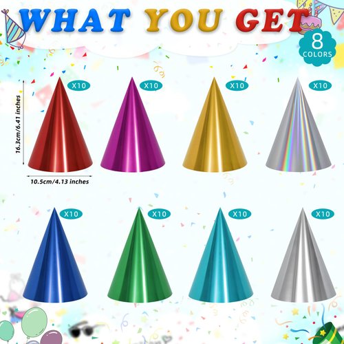 HEYTIMI 80 PCS Birthday Party Cone Hats Party Hat Cone Paper Hats with Metallic Foil Themed Hats with Elastic String Assorted Colors for Birthday Party Baby Shower Anniversary