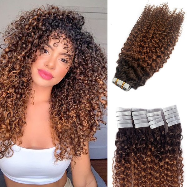 Remy Tape in Extensions Curly Human Hair Extensions 20 Pieces 50 Gram for Women, Jerry Curly Tape in Human Hair Extensions Real Human Hair Brown to Medium Auburn Tape on Extensions 24 Inch