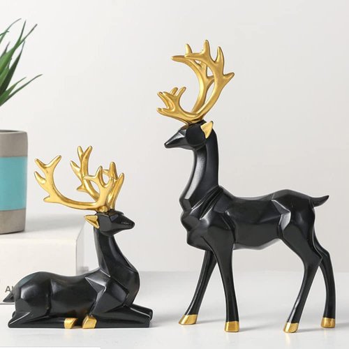 BrichLife 2pcs 3D Geometric Elk Resin Statue, Seated and Standing Elegant Lucky Deer, Luxurious Simple Style Ideas, Suitable for Living Room, Wine Cabinet, Display Stand, Bedroom, Office Desktop