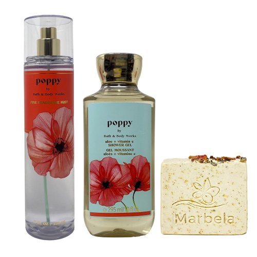Bath & Body Works Poppy 2 Piece Gift Set - Fragrance Mist and Shower Gel - with a Creamy Rose Bar Soap