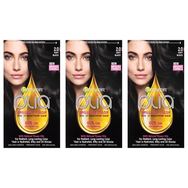 Garnier Olia Ammonia-Free Brilliant Color Oil-Rich Permanent Hair Color, 2.0 Soft Black (Pack of 3) Black Hair Dye (Packaging May Vary)