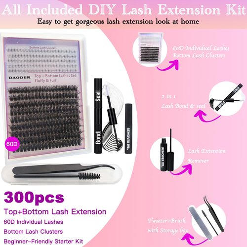DAODER Fluffy Lash Clusters Kit with Bottom Lashes 60D D Curl Volume Lash Extension Kit with Lash Bond Seal Remover Tweezers 10-16mm Wispy Eyelash Extension Kit 300pcs(60D + Bottom Lash Clusters Kit)