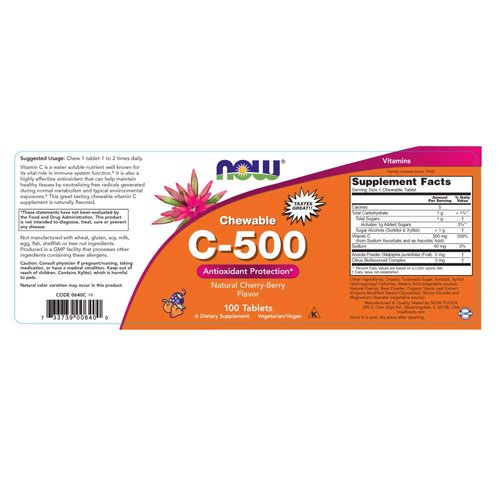 NOW Supplements, Vitamin C-500, Antioxidant Protection*, Cherry-Berry Flavor, 100 Chewable Lozenges