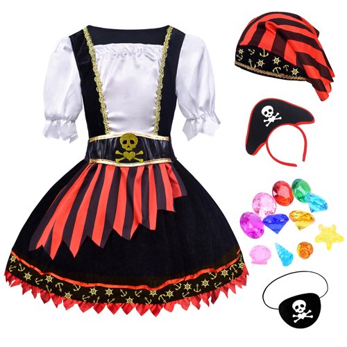 ZZIHAN Girls Pirate Costume Kids Pirate Princess Dress Pirate Accessories Hat HairBand Eye Patch Belt Pirate Gems Treasure Toys Birthday Party Favor Gift Christmas Halloween Cosplay Costumes 6-7Years