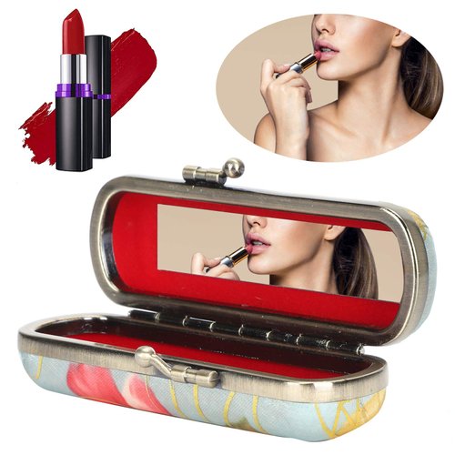 Lipstick Case Lip Gloss Case Vintage Embroidery Pattern Portable Lipstick Case Holder with Mirror, Cosmetic Storage Kit Ladies Floral Lipstick Case