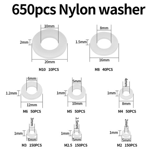 YOUYIDUN-650 Pcs White Nylon Flat Washer Assortment Kit, Round Flat Nylon Washers for Household Commercial Appliances Electrical Connections, 5-20 mm, M2/M2.5/M3/M4/M5/M6/M8/M10