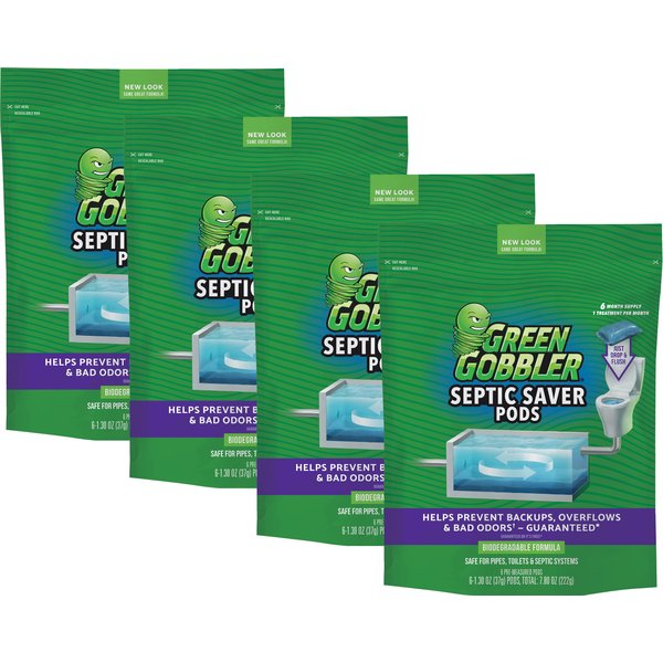 Green Gobbler Septic Tank Treatment Packets - Natural Bacteria to Prevent Costly Septic Issues, Back-Ups, Foul Odor (24 Pods) Pod: Color May Vary