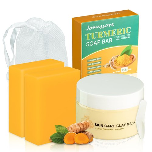 Turmeric Soap Bar and Turmeric Clay Mask, Skin Care Set of 3, Turmeric Facial Mask for Face with Kaolin Clay, Oil Controlling & Deep Cleansing, Natural Turmeric Soap for Acne, Blackheads & Smooth Skin