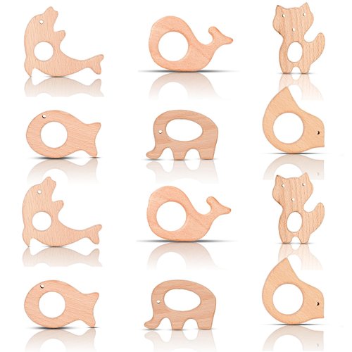 IoF 12 Pcs Teething Toys for Babies, Natural Wooden Teething Rings Baby Teether Chew Toys for Infant Toddler Teethers Crackers Animal Set Pain Relief Handmade Hanging Ring Set Toy