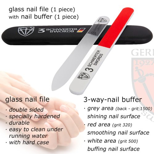 3 Swords Germany - Brand Quality Clear Double Sided Glass Nail File for Women & Girls, Perfect for Natural Fake Gel Artificial Acrylic fingernail, incl. Nail Buffer & Tube case for Travel (313)