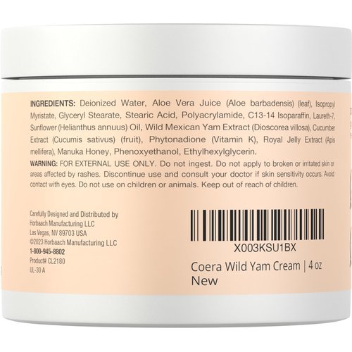 Coera Wild Yam Cream | 4 oz | Skin Moisturizer for Women | Free of Parabens, SLS and Fragrances