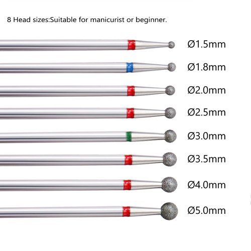 ERUIKA 8Pcs Ball Diamond Drill bits Set, 3/32'' Cuticle Clean Ball Head Nail Bit for Electric Machine, Nail File Gel Polishing Head Acrylic Manicure Pedicure Cuticle Tools(8PCS)