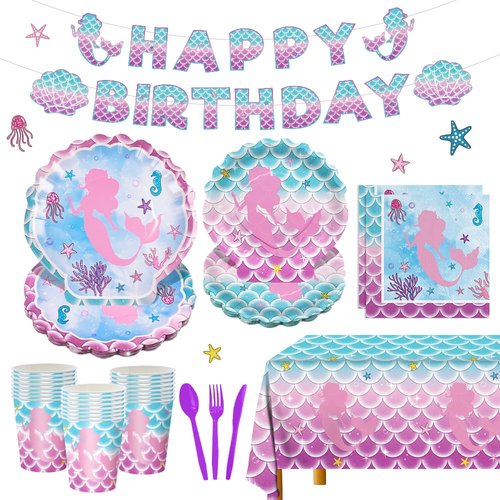 170pcs Mermaid Birthday Party Supplies Mermaid Party Decorations Includes Paper Plates Napkins Tablecloth Banner Cups Banner Forks for Baby Shower Ocean Birthday Party Decorations Serve 24