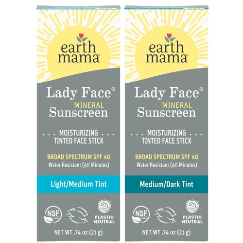 Earth Mama Lady Face® Tinted Mineral Sunscreen Stick SPF 40 Set |Contains Certified Organic Shea and Coca Butter | Foundation + Concealer + Contour, Blends with Most Skin Tones, 2-Pack
