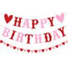 PTFNY Glitter Happy Birthday Banner for Valentine's Day Red Pink Glittery Valentines Day Happy Birthday Garland Banner and Heart Garland Valentines Themed Birthday Party Decorations for Wall