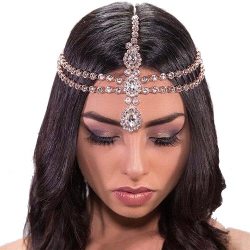 Aularso Layerd Head Chain Rhinestone Hair Jewelry Silver Wedding Headpiece Forehead Halloween Headband for Women and Girls (Silver)