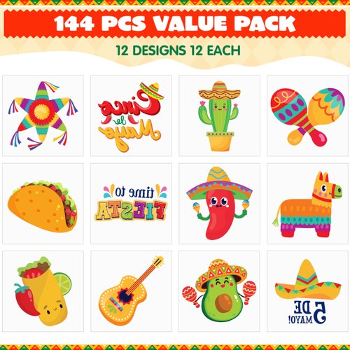JOYIN 144 PCS Cinco De Mayo Temporary Tattoo Set for Mexican Themed Party, Fiesta Party Fake Tattoos Stickers Sombrero Hats, Taco Design, Face Body Tattoo Decorations