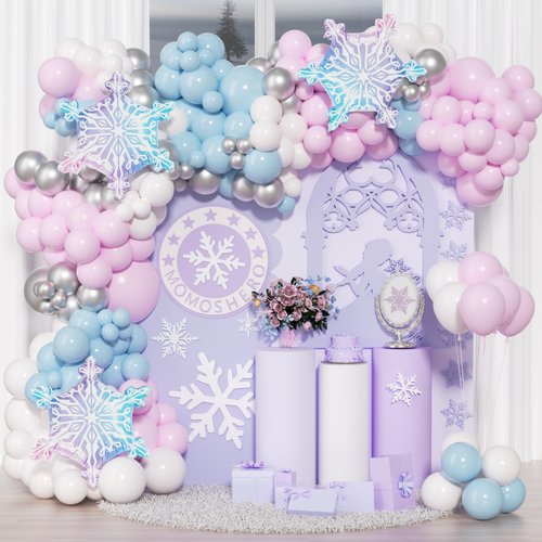 MOMOSHERO Frozen Balloons Arch Garland Kit, Winter Wonderland Party Decorations,with Snowflake Foil Balloons Purple Blue White Silver Balloons for Winter Ice Snow Theme Birthday Baby Shower Supplies
