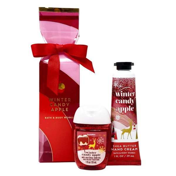 Bath and Body Winter Candy Apple Travel Gift Set - Hand Gel and Hand Cream Arranged Inside a Small Festive Gift Box