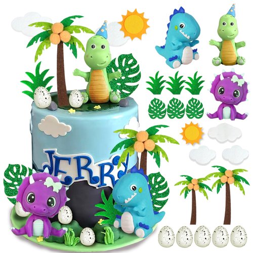 Dinosaur Cake Toppers Clay Dinosaurs Palm Leaves Dinosaur Eggs for Boy Girl Kid Birthday Baby Sho...