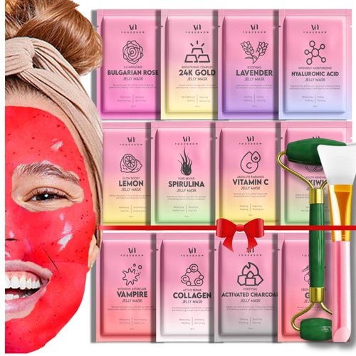 Jelly Mask for Facials - 12 Flavors Hydrating & Brightening Jelly Face Masks | Free Jade Roller & Spatula |Bulgarian Rose Lavender Hyaluronic Acid 24K Gold | Womens Christmas Gifts, Gift set for Women