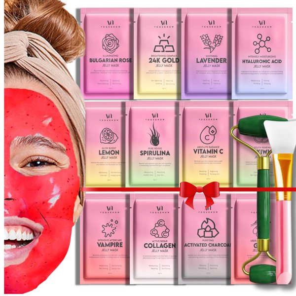 Jelly Mask for Facials - 12 Flavors Hydrating & Brightening Jelly Face Masks | Free Jade Roller & Spatula |Bulgarian Rose Lavender Hyaluronic Acid 24K Gold | Womens Christmas Gifts, Gift set for Women