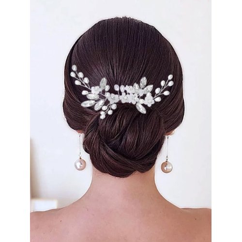 Yean Flower Bride Wedding Hair Comb Sliver Pearl Bridal Hair Piece Crystal Hair Accessories for Women and Girls