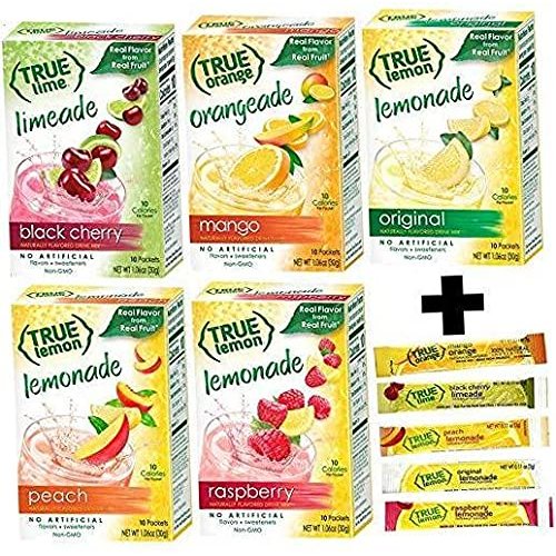 True Lemon Assorted Beverage Pack: (5boxes 10ct each) with 5 FREE BONUS Sticks of Lemonade! True Lemon Original True Peach Lemonade, True Black Cherry Limeade, True Mango Orange and True Raspberry Assorted True Lemonade Drink Mixes.