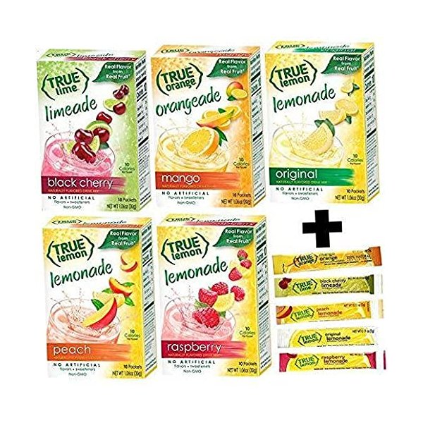 True Lemon Assorted Beverage Pack: (5boxes 10ct each) with 5 FREE BONUS Sticks of Lemonade! True Lemon Original True Peach Lemonade, True Black Cherry Limeade, True Mango Orange and True Raspberry Assorted True Lemonade Drink Mixes.