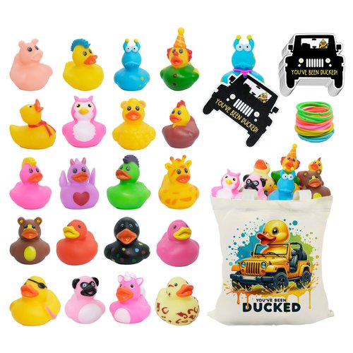 Rubber Ducks with Tags for Jeep Ducking, Jeep Ducks for Ducking, Jeep Ducks with Tags for Ducking, 20 Pack Rubber Ducks, 20 Cards Tags, 20 Straps and 1 Duck Tote Bag (Jeep Assortment)