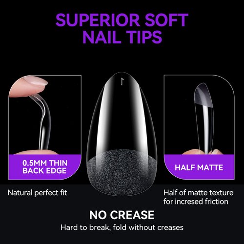 Gelike ec Short Almond Nail Tips: 240PCS Soft Gel Tips for Almond Shaped Full Cover Gel X Nail Tips Pre Etched - PMMA Resin Clear False Nails 10 Sizes