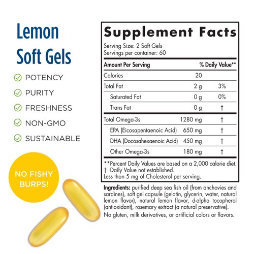 Nordic Naturals ProOmega, Lemon Flavor - 120 Soft Gels - 1280 mg Omega-3 - High Potency Fish Oil with EPA & DHA - Promotes Brain, Eye, Heart, & Immune Health - Non-GMO - 60 Servings
