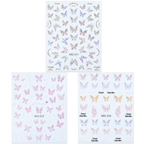 Aurora Shell Butterfly Nail Stickers for Women 3D Relief Butterfly Nail Art Stickers Pink Laser Butterfly Nail Decals for Nail Art Supplies Butterflies Nail Design Stickers Nail Decor Nail Accessories