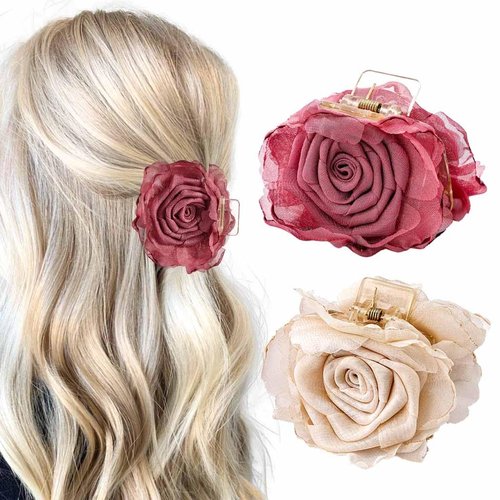 Bouory Flower Hairclip Pink White Floral Hair Claw Clip Hawaiian Claw Clip Boho Hair Accessories for Women 2PCS