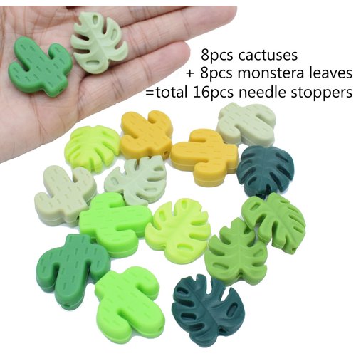 16pcs Knitting Needle Stoppers Cute Cactus and Monstera Leaf Needle Point Protectors Stitch Stoppers Knitting Supplies Accessories