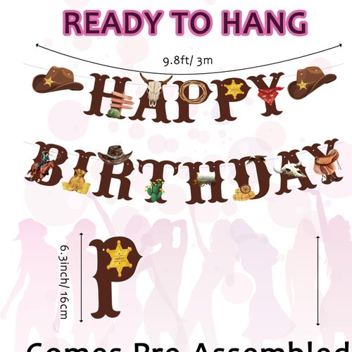 Western Cowboy Theme Wild West Party Decoration,Pre-Strung Happy Birthday Banner,Retro Horse Rodeo Party Supplies for Boys,Cowboy Hat Horses Garland for Boys Birthday Party